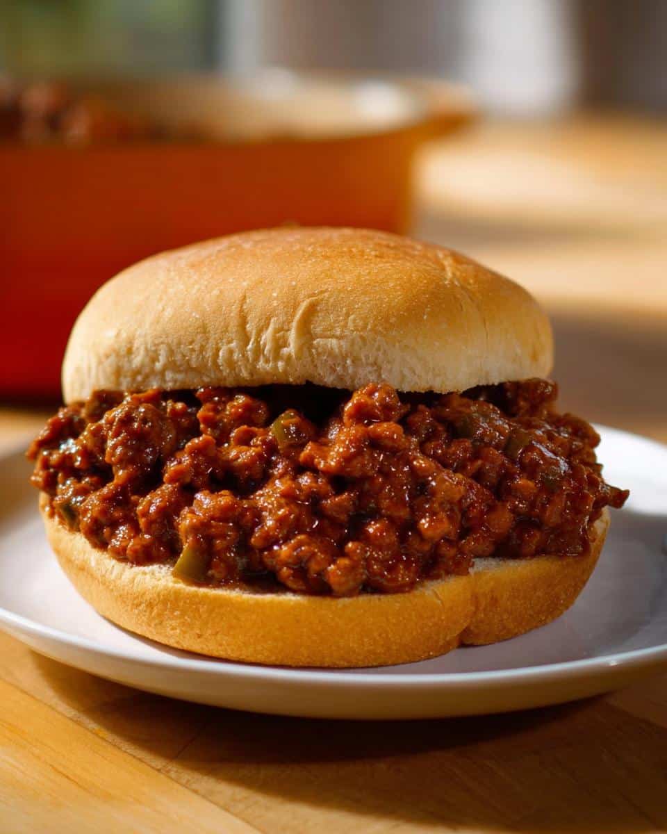 A close-up of a Classic Beef Sloppy Joes sandwich piled high with saucy meat filling on a soft white bun.