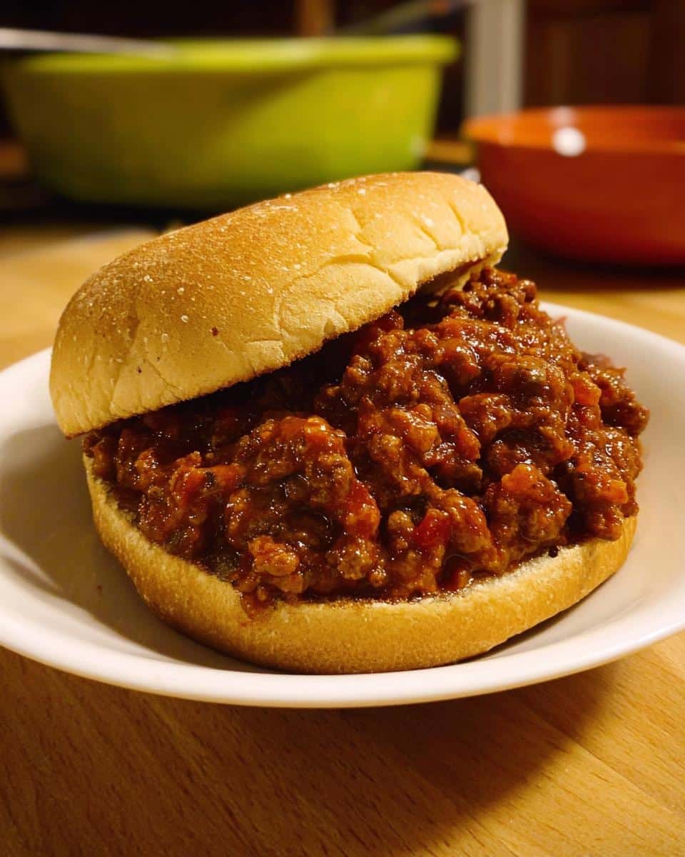 A close-up of Classic Beef Sloppy Joes piled high with savory meat sauce on a soft hamburger bun.
