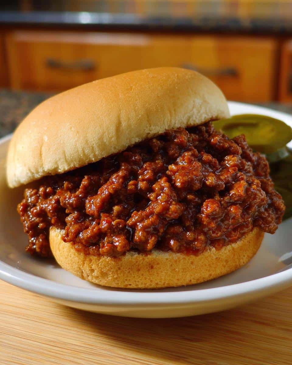A close-up of a Classic Beef Sloppy Joes sandwich overflowing with saucy meat filling on a soft bun, served with pickles.