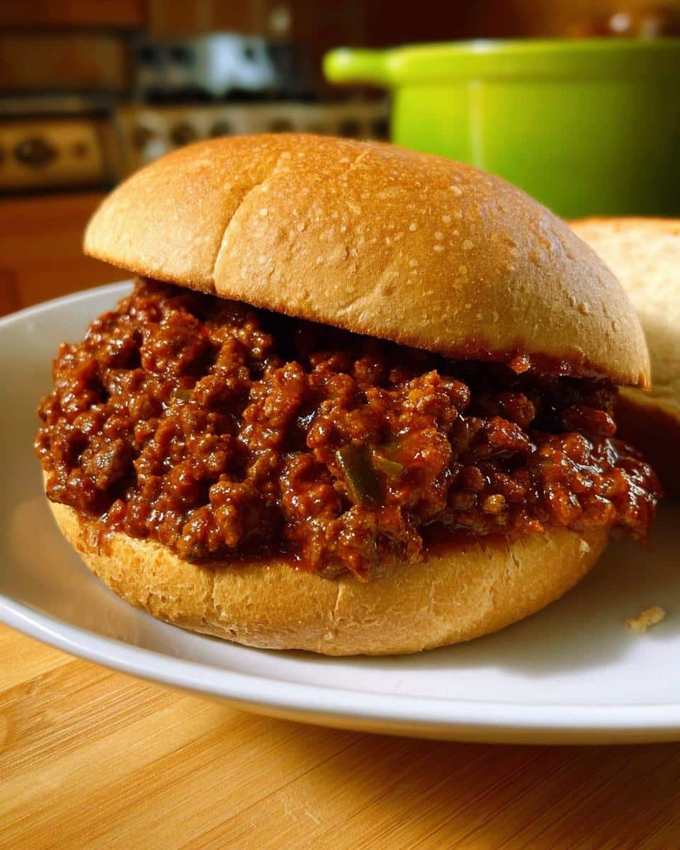 Close-up of a Classic Beef Sloppy Joes sandwich piled high with savory meat mixture on a soft bun.