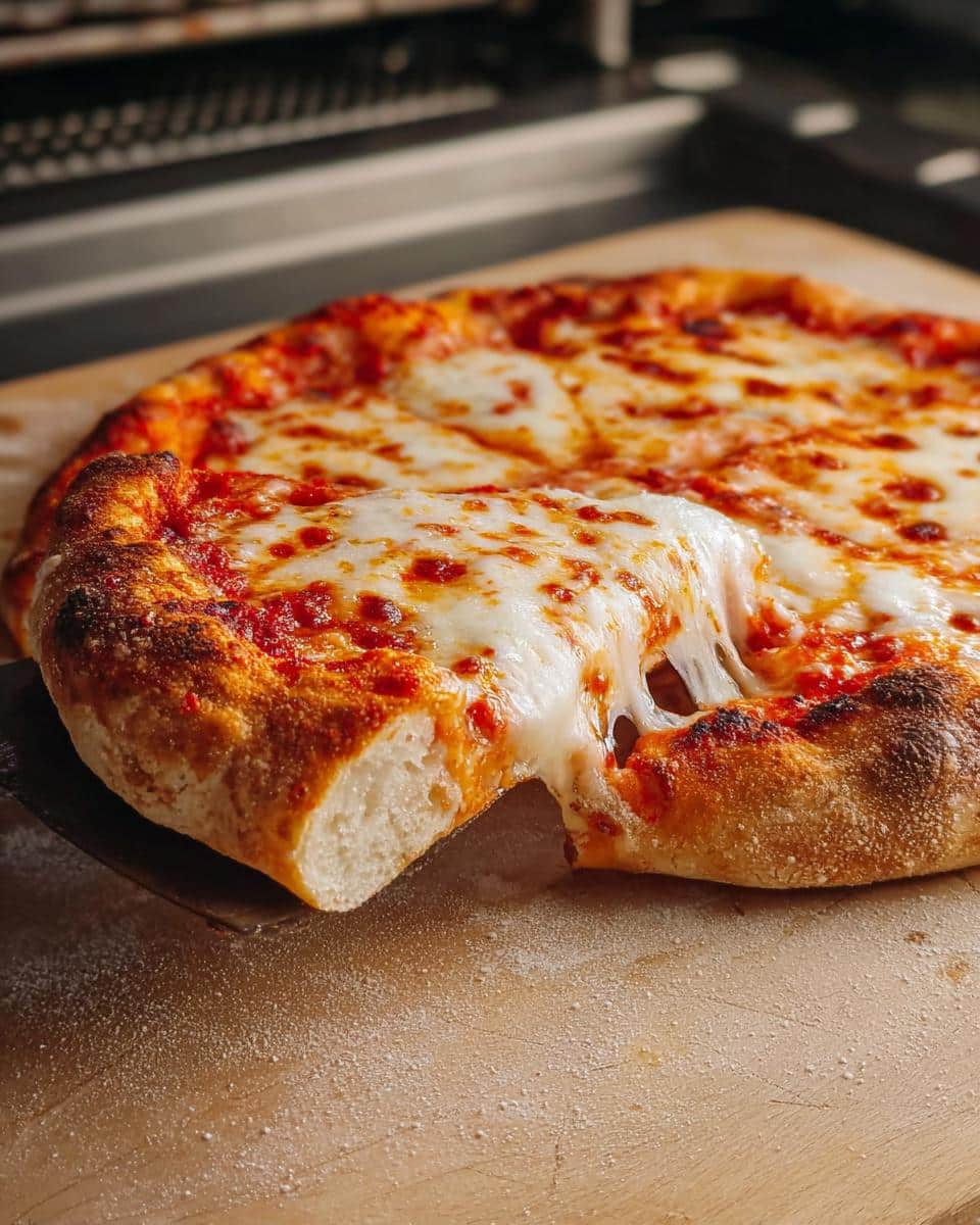 A slice of Classic Cheese Pizza is being lifted, showing a dramatic, long cheese pull.