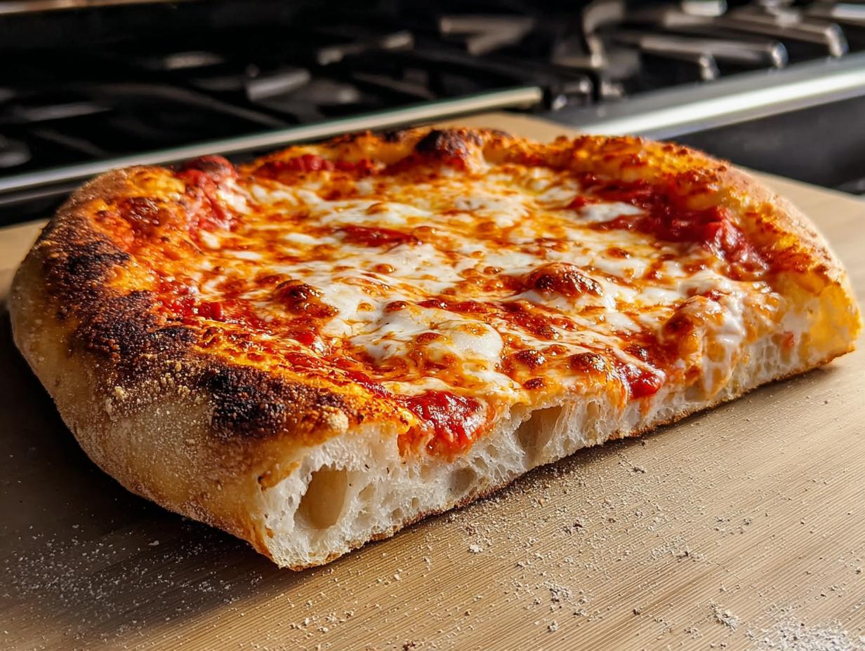 A close-up cross-section view of a Classic Cheese Pizza showing the airy crust, melted cheese, and tomato sauce.