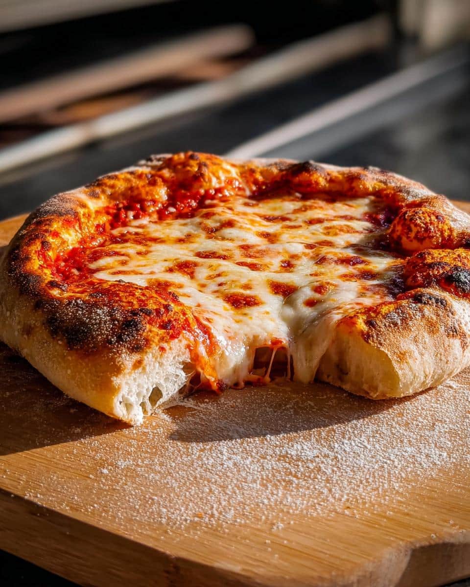 A freshly baked Classic Cheese Pizza Recipe with a thick, charred crust, showing a dramatic cheese pull.