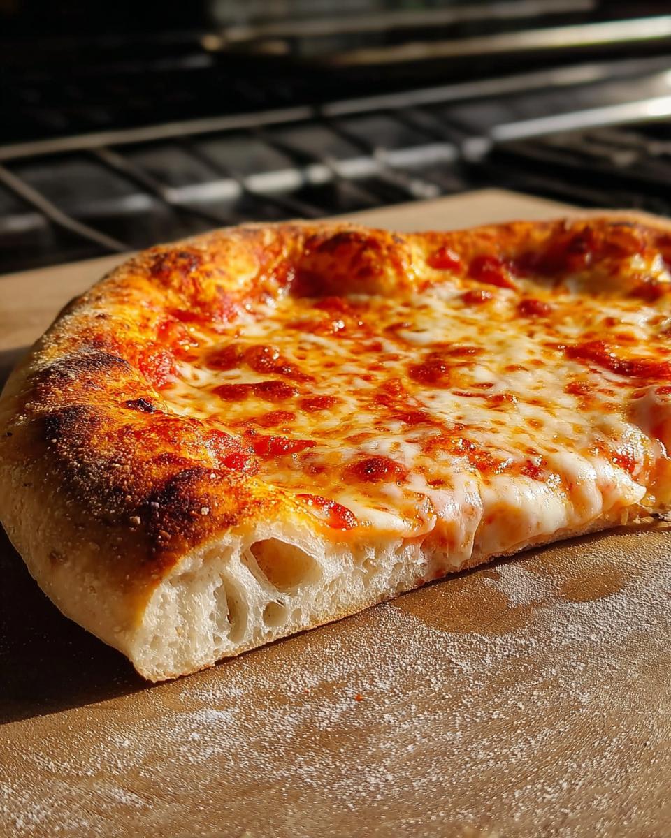 Close-up showing the airy, bubbly interior structure of a slice of Classic Cheese Pizza crust.