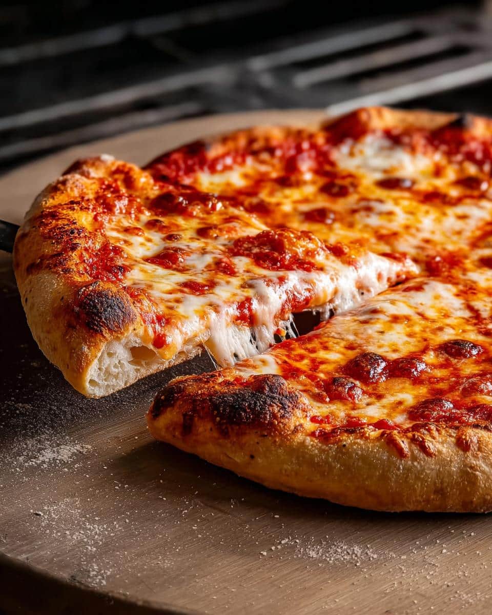 A slice being lifted from a Classic Cheese Pizza, showing melted, stretchy mozzarella cheese and a bubbly crust.