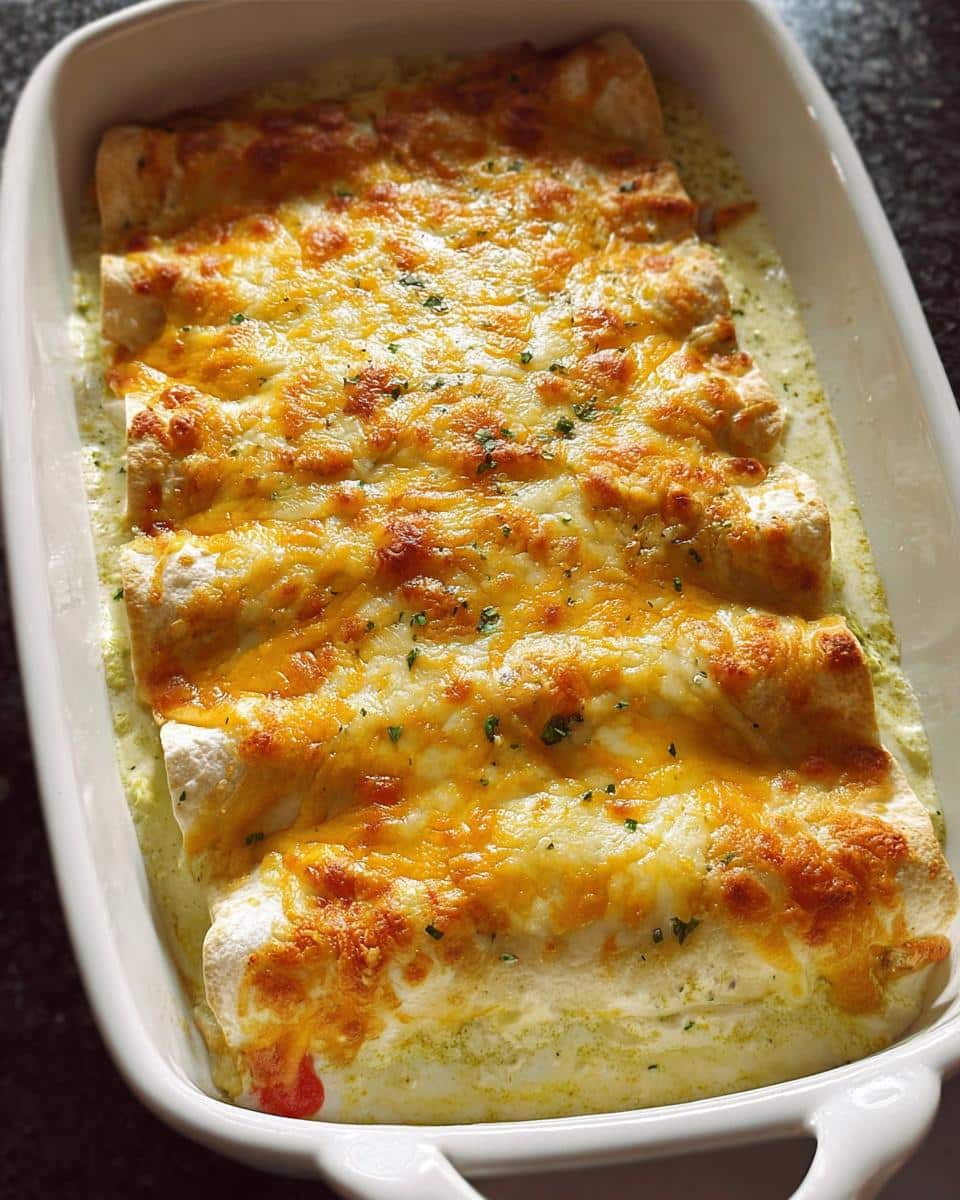 Close-up of Classic Creamy Chicken Enchiladas baked in a white dish, topped with melted, browned cheese.