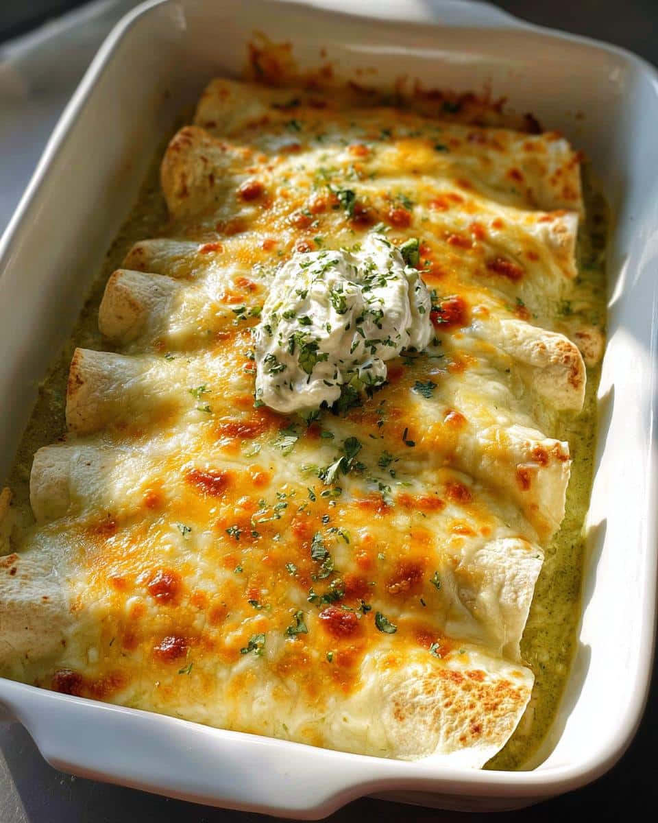 Close-up of baked Classic Creamy Chicken Enchiladas covered in melted, bubbly cheese and topped with sour cream.