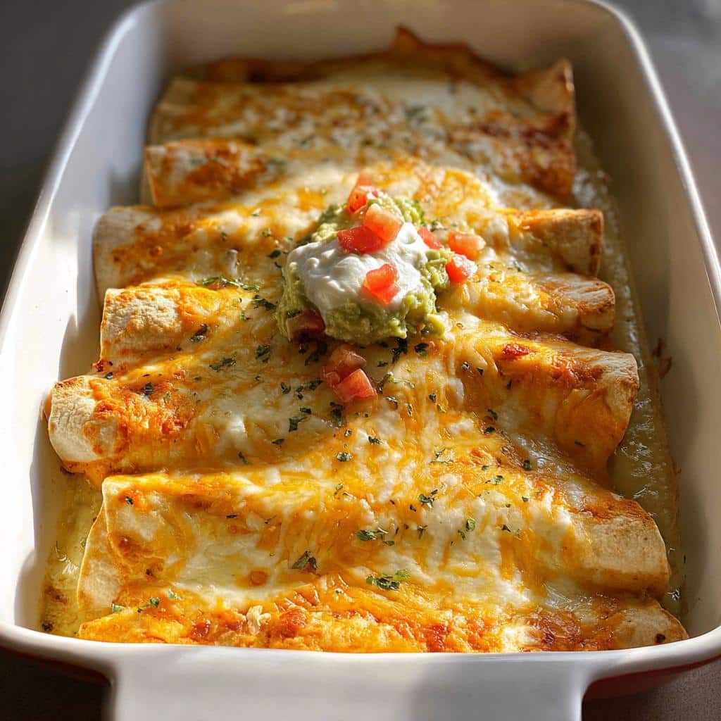 Close-up of baked Classic Creamy Chicken Enchiladas covered in melted cheese and topped with guacamole and sour cream.