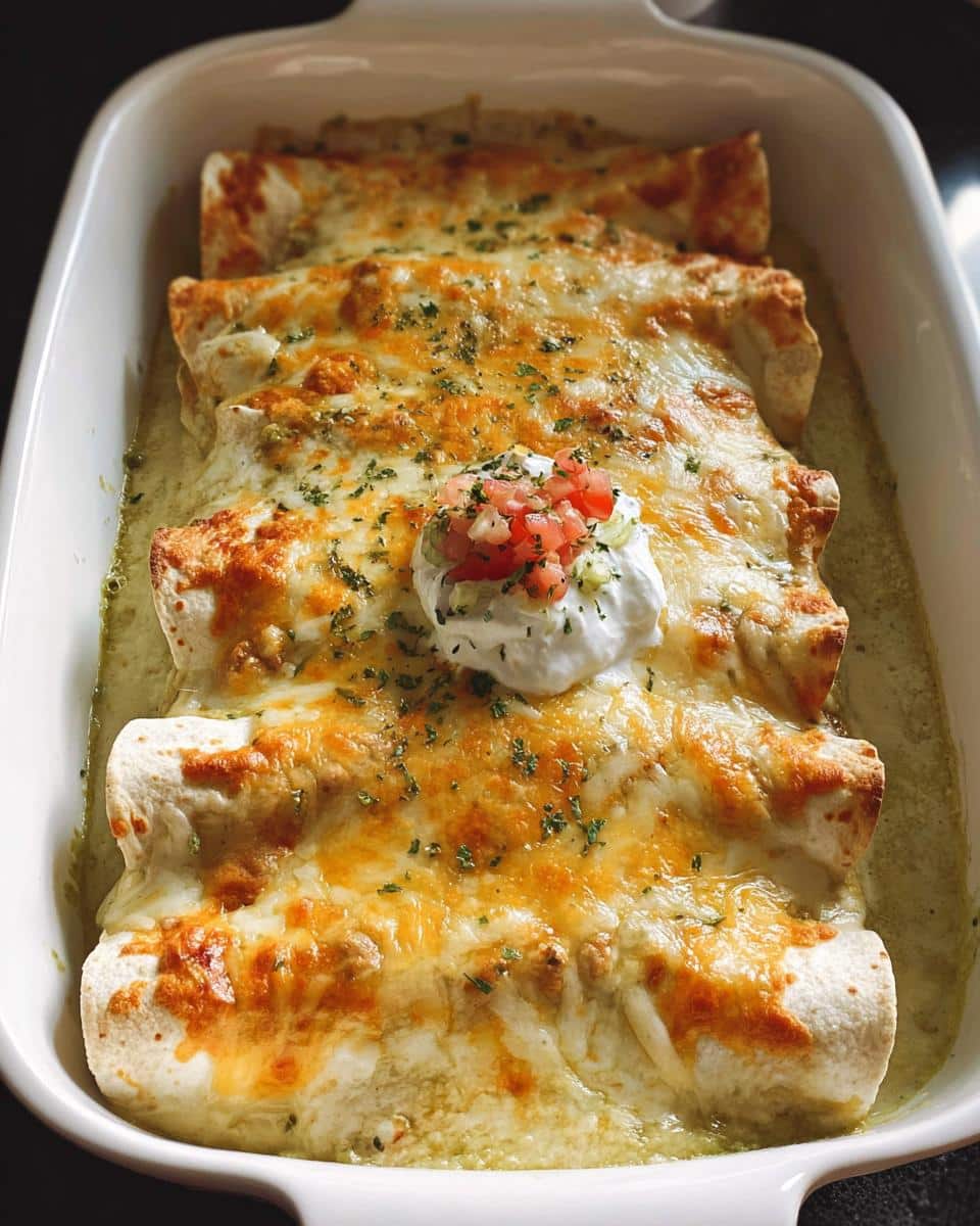 Close-up of baked Classic Creamy Chicken Enchiladas covered in melted cheese and green sauce, topped with sour cream and pico de gallo.