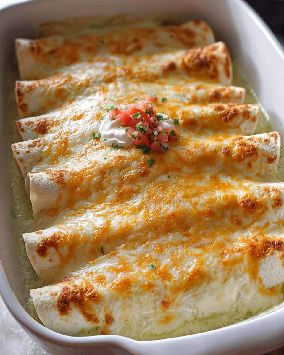 Close-up of baked Classic Creamy Chicken Enchiladas covered in melted, bubbly cheese in a white baking dish.