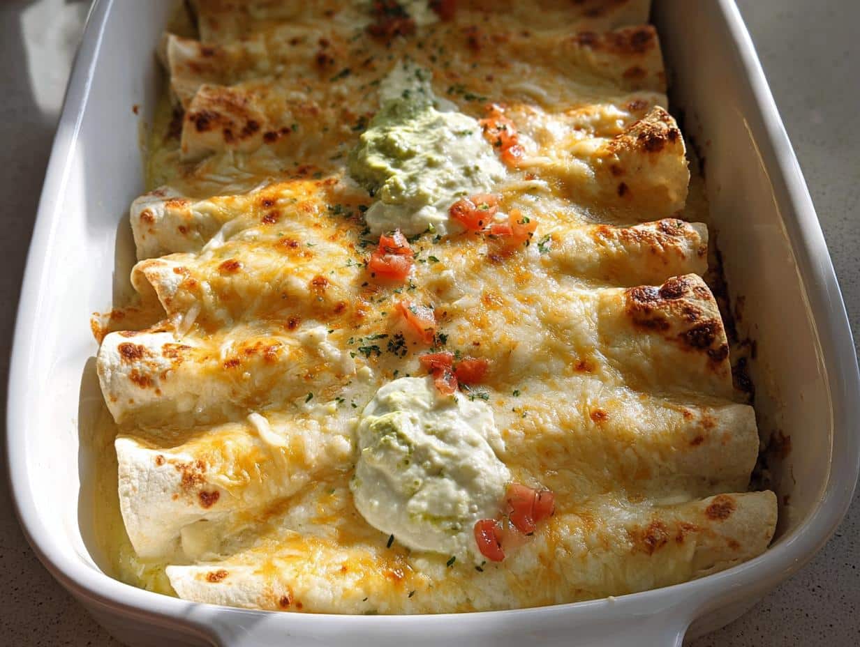 Close-up of baked Classic Creamy Chicken Enchiladas topped with melted cheese, sour cream, and diced tomatoes.