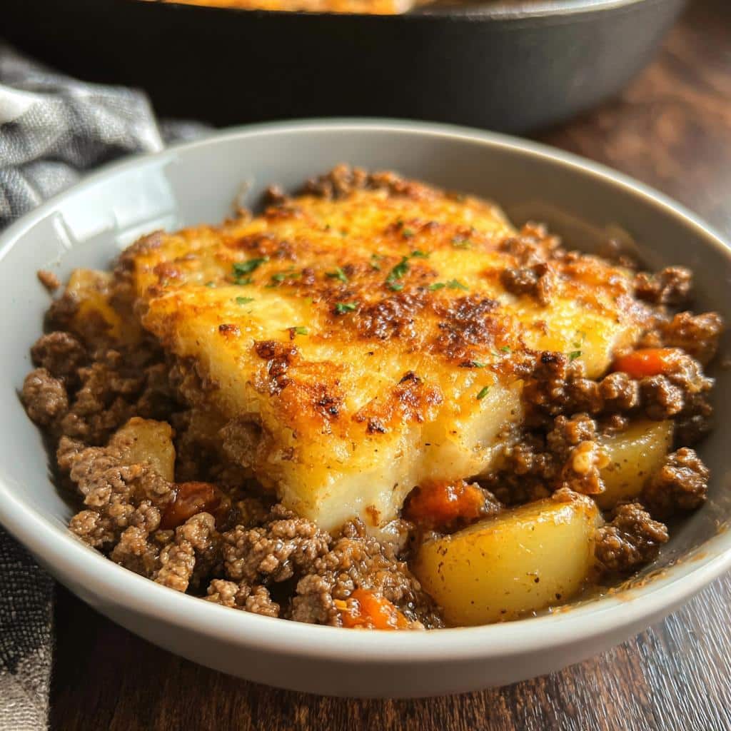 A serving of Classic Hobo Ground Beef Casserole featuring browned ground beef, potatoes, and a thick, golden-brown potato topping.
