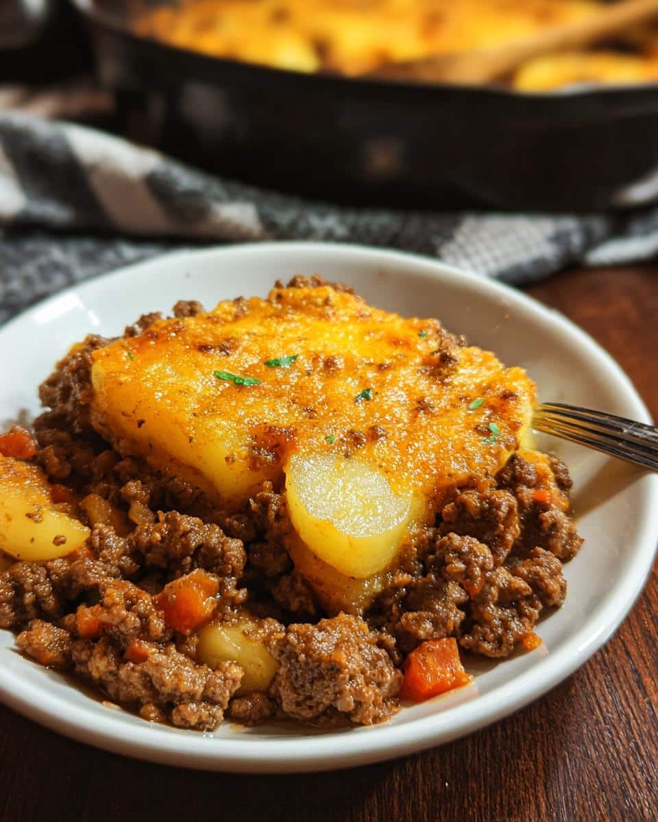 A close-up serving of Classic Hobo Ground Beef Casserole with ground meat, potatoes, and a cheesy topping.