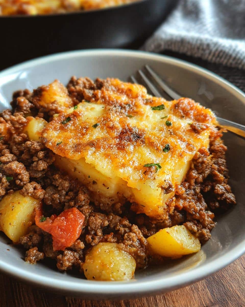 A close-up of a serving of Classic Hobo Ground Beef Casserole with seasoned ground beef, potatoes, and a cheesy baked potato topping.