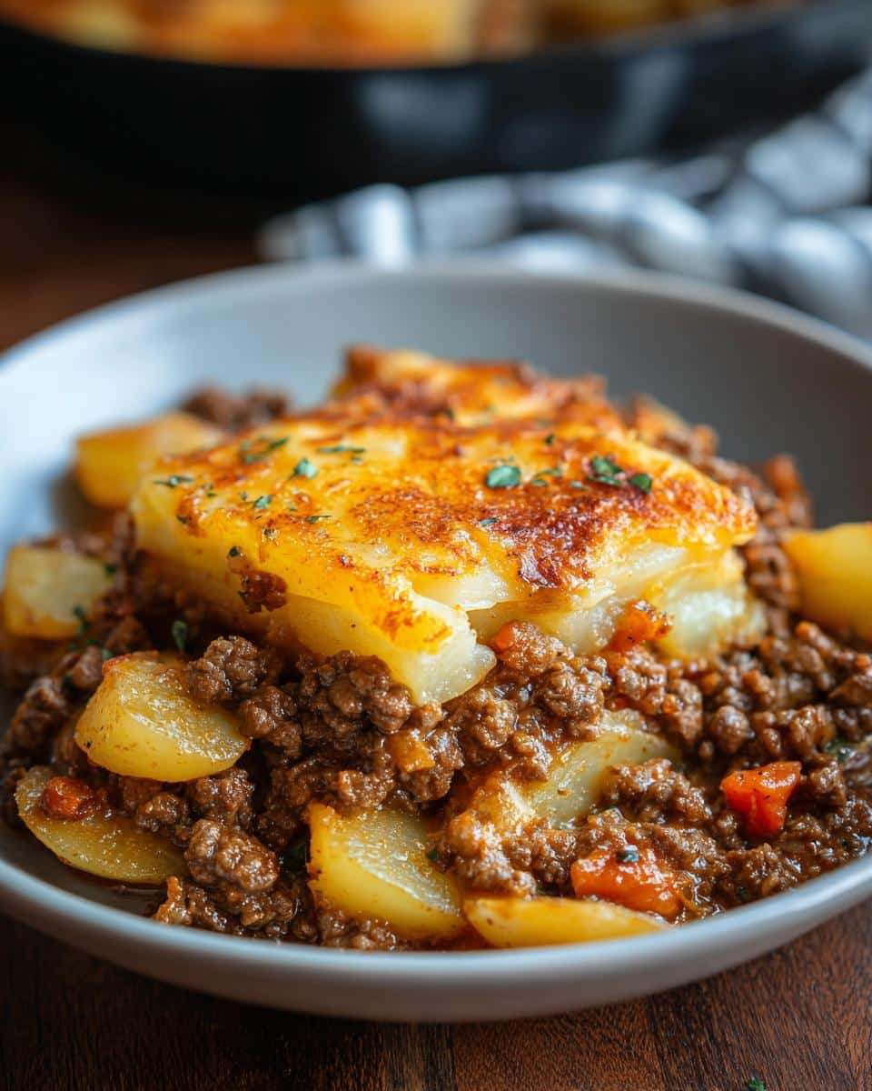 A close-up of a serving of Classic Hobo Ground Beef Casserole with browned ground beef, potatoes, and a golden baked top layer.