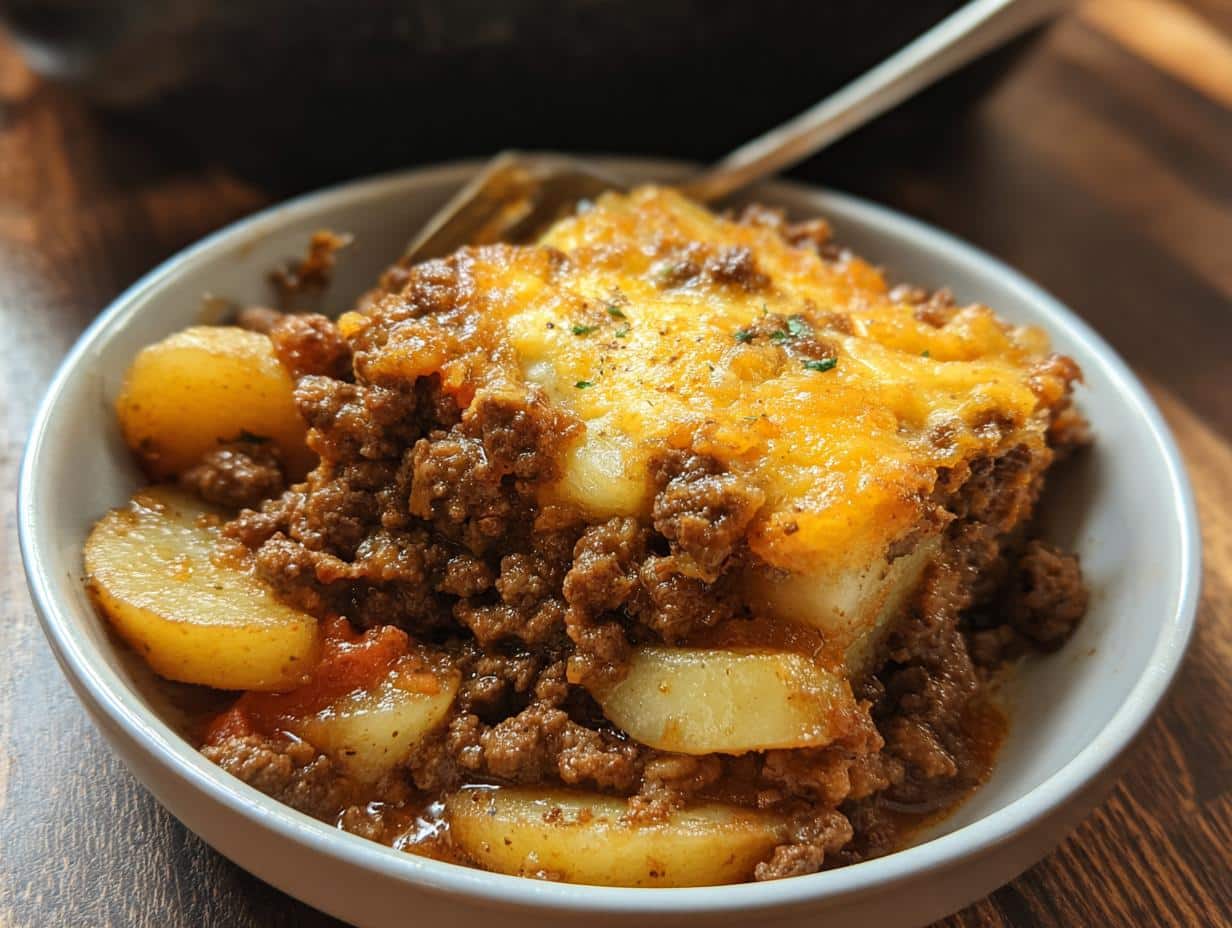 A close-up serving of Classic Hobo Ground Beef Casserole with potatoes and melted cheese topping.