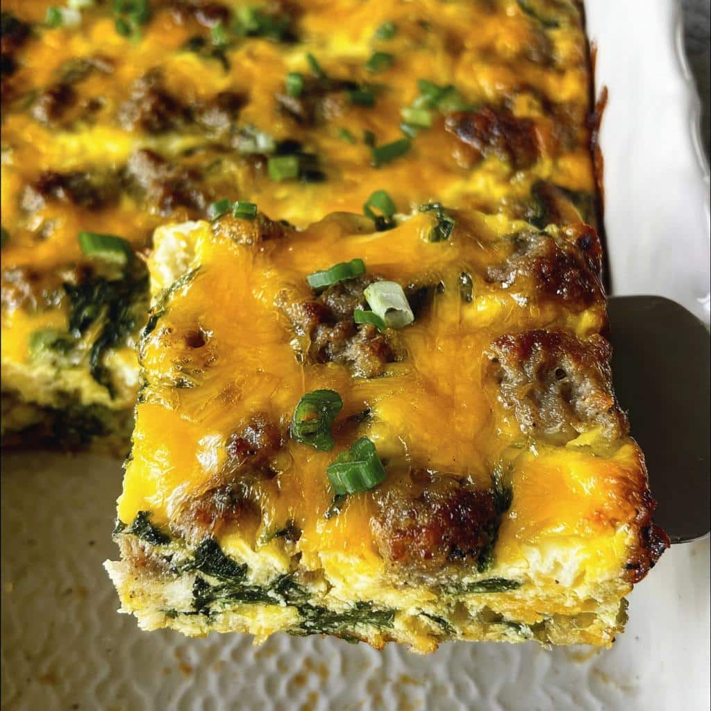 A square slice of Classic Keto Sausage & Egg Breakfast Casserole being lifted from the baking dish, topped with melted cheddar and green onions.