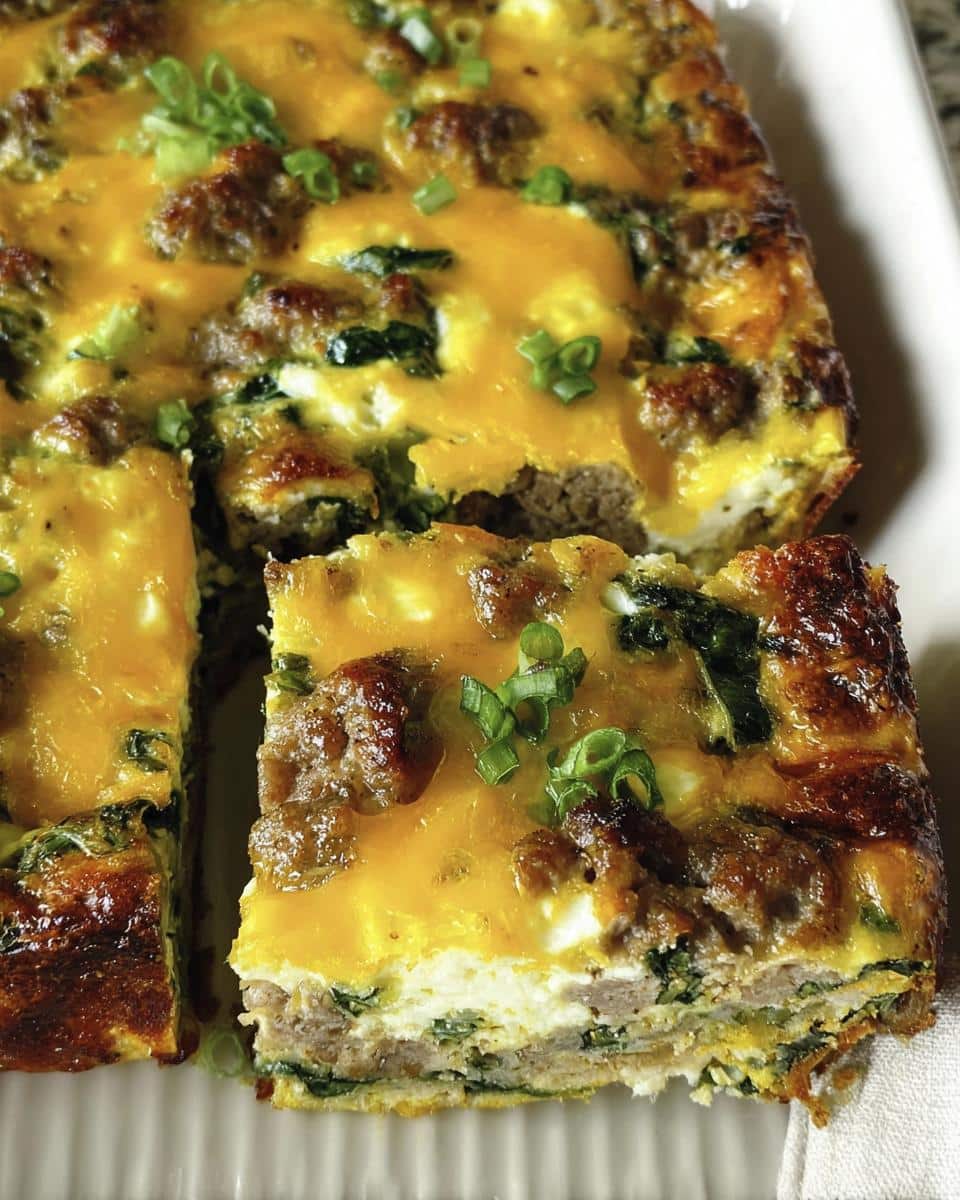 A close-up of a serving of Classic Keto Sausage & Egg Breakfast Casserole with melted cheddar and green onions.