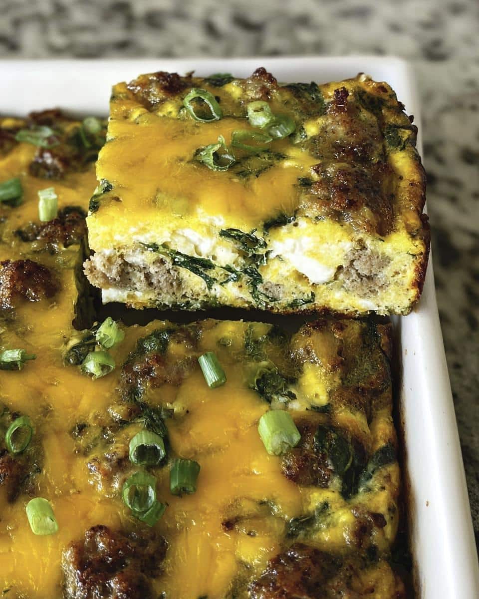 A square slice lifted from a baked Classic Keto Sausage & Egg Breakfast Casserole topped with melted cheddar and green onions.