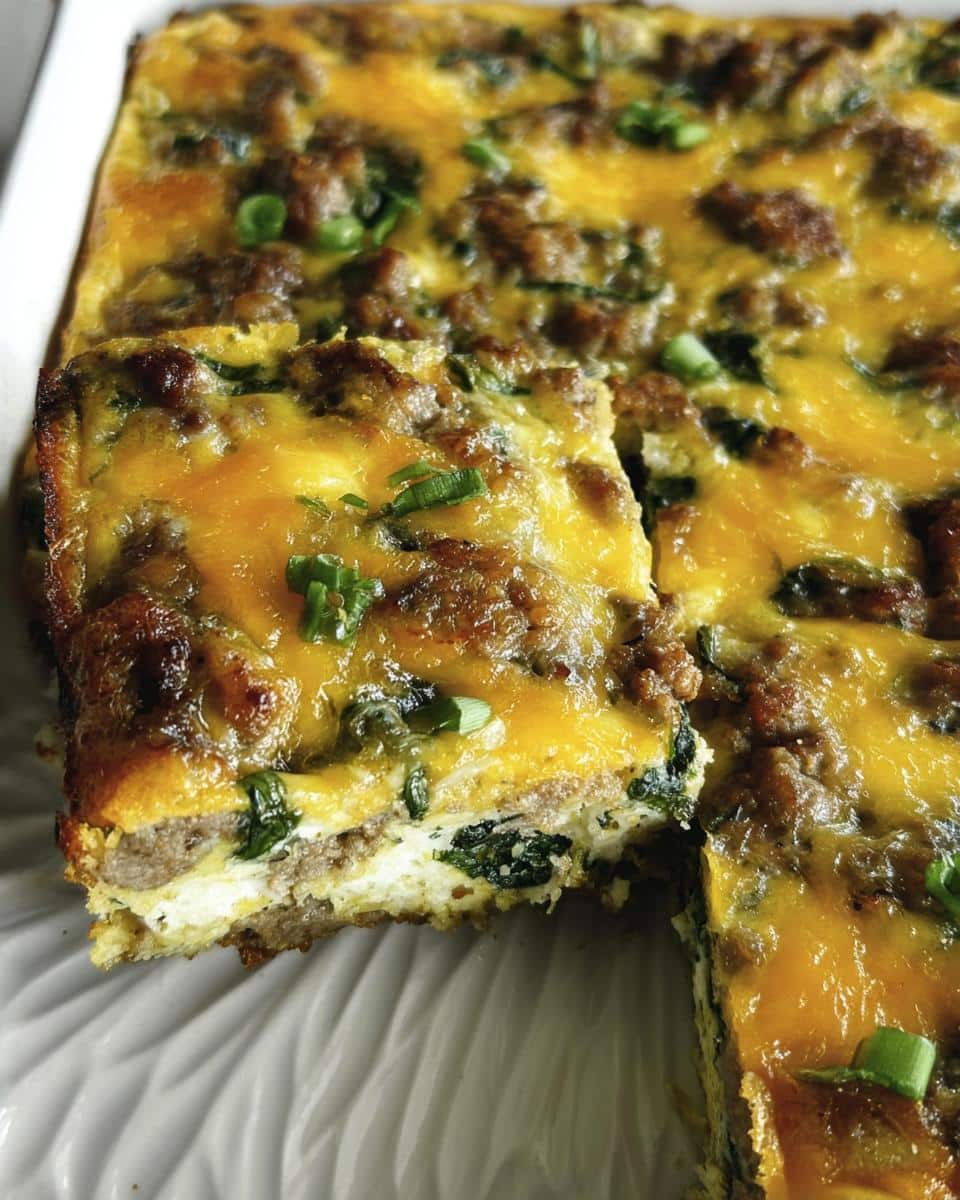 A square slice being lifted from a baked Classic Keto Sausage & Egg Breakfast Casserole topped with melted cheddar and green onions.