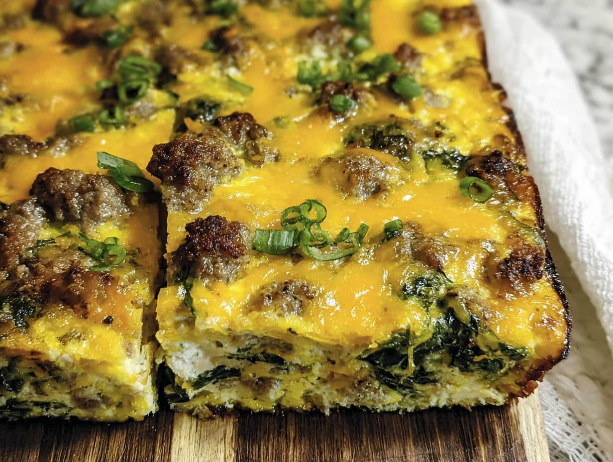 Close-up of a baked Classic Keto Sausage & Egg Breakfast Casserole slice topped with melted cheddar and green onions.