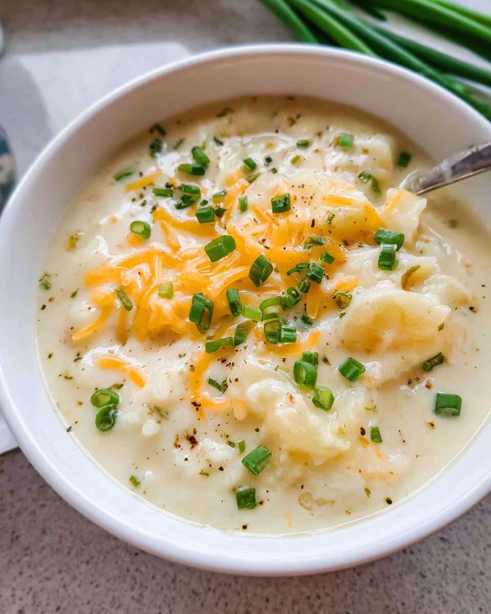 Close-up of a bowl of creamy Comfort Food Crockpot Potato Soup topped with shredded cheddar cheese and fresh chives.