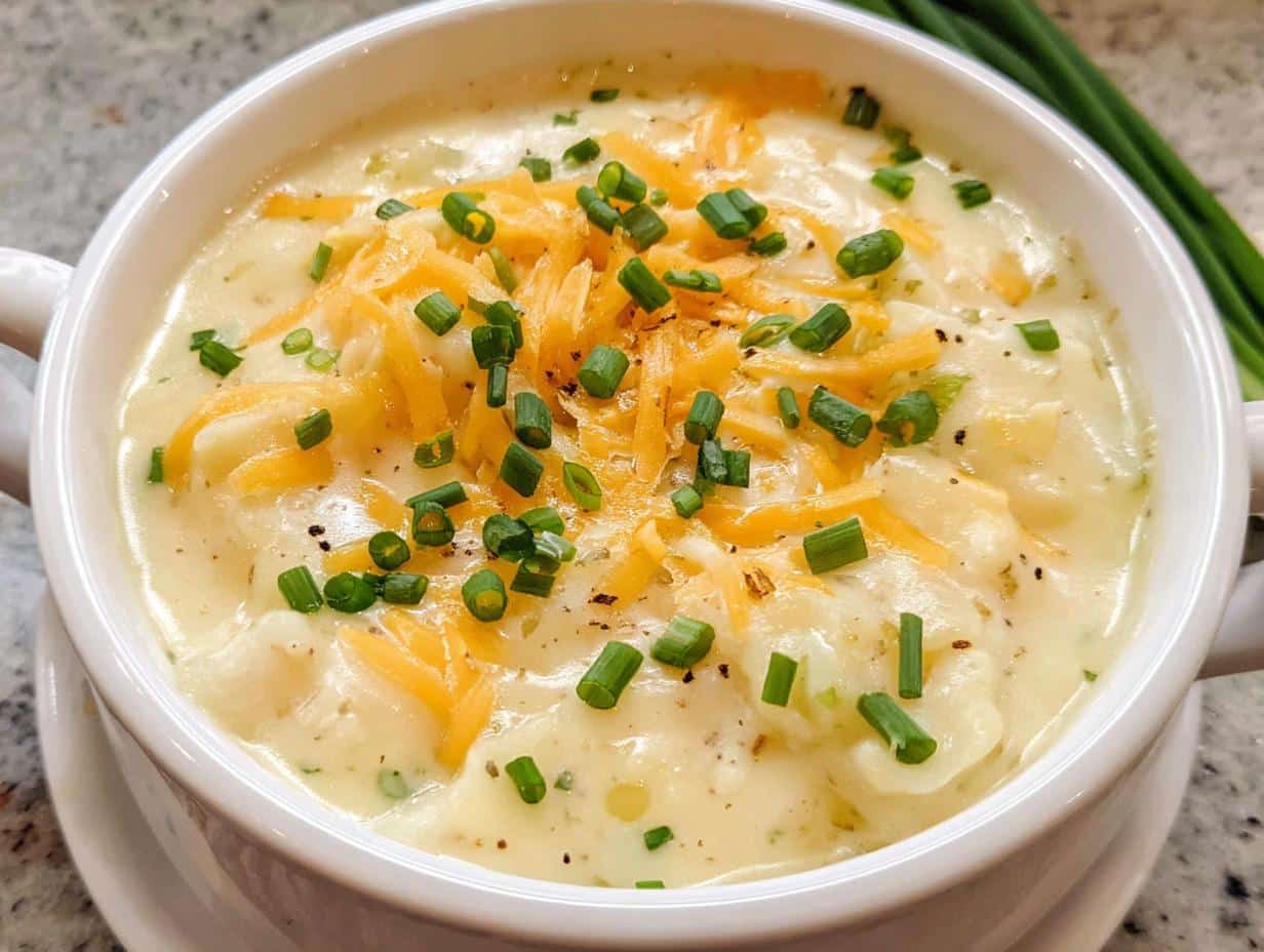 Close-up of rich Comfort Food Crockpot Potato Soup topped with shredded cheddar cheese and fresh chives.