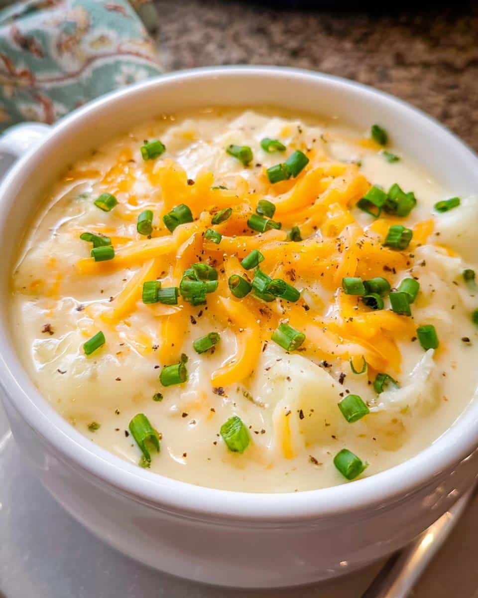 Close-up of a bowl of creamy Comfort Food Crockpot Potato Soup topped with shredded cheddar cheese and fresh chives.