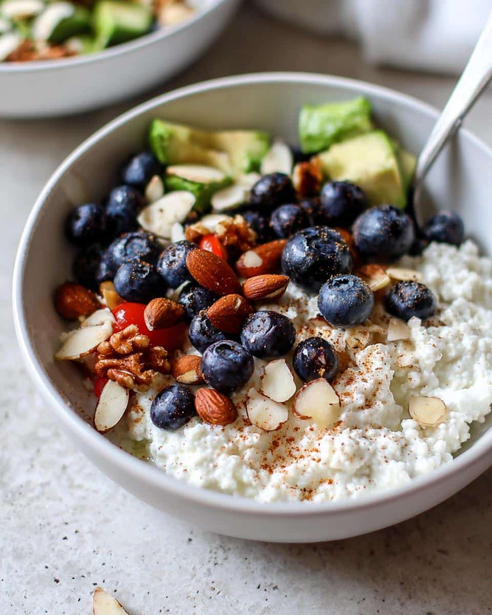 A close-up shot of a Cottage Cheese Breakfast Bowl topped with fresh blueberries, almonds, and avocado chunks.
