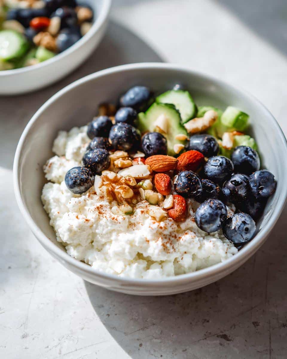 A close-up of a Cottage Cheese Breakfast Bowl topped with fresh blueberries, mixed nuts, and cucumber slices.