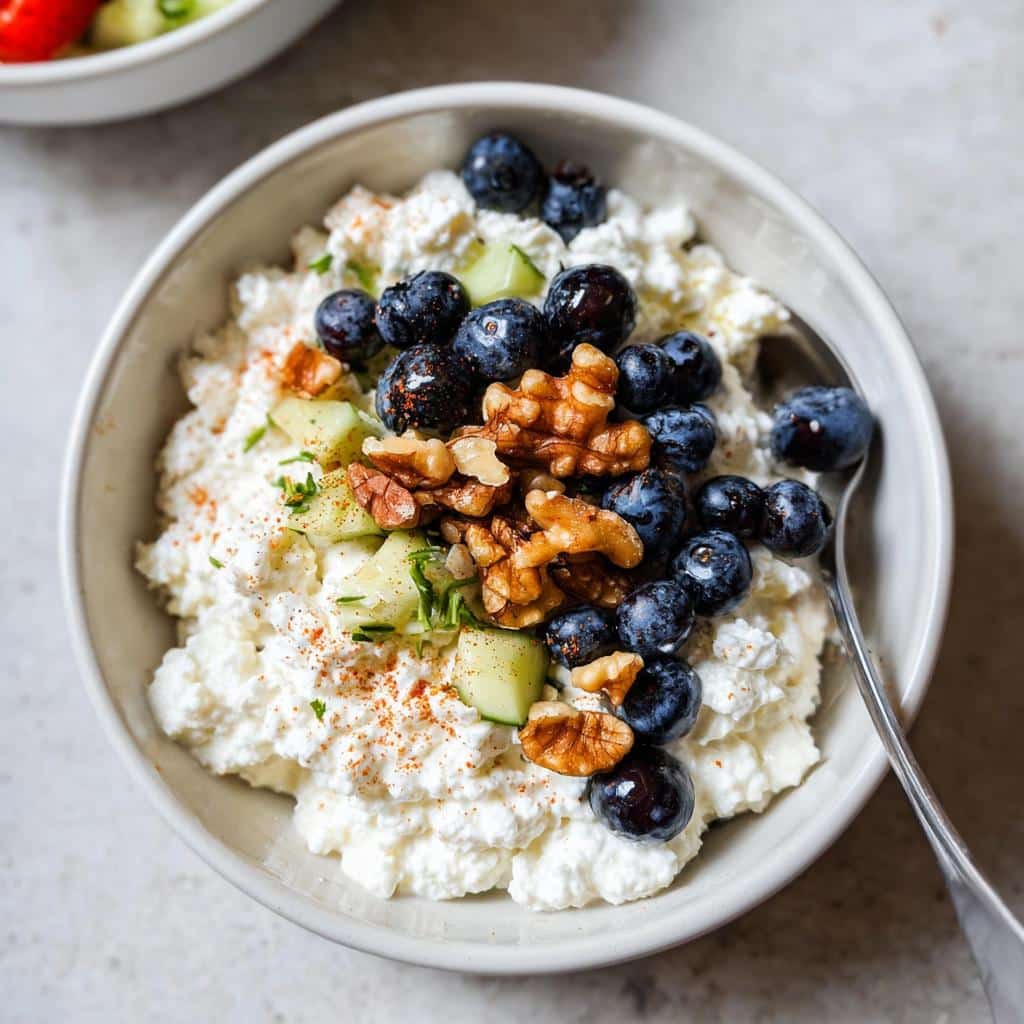 Close-up of a Cottage Cheese Breakfast Bowl topped with fresh blueberries, walnuts, diced cucumber, and a sprinkle of paprika.