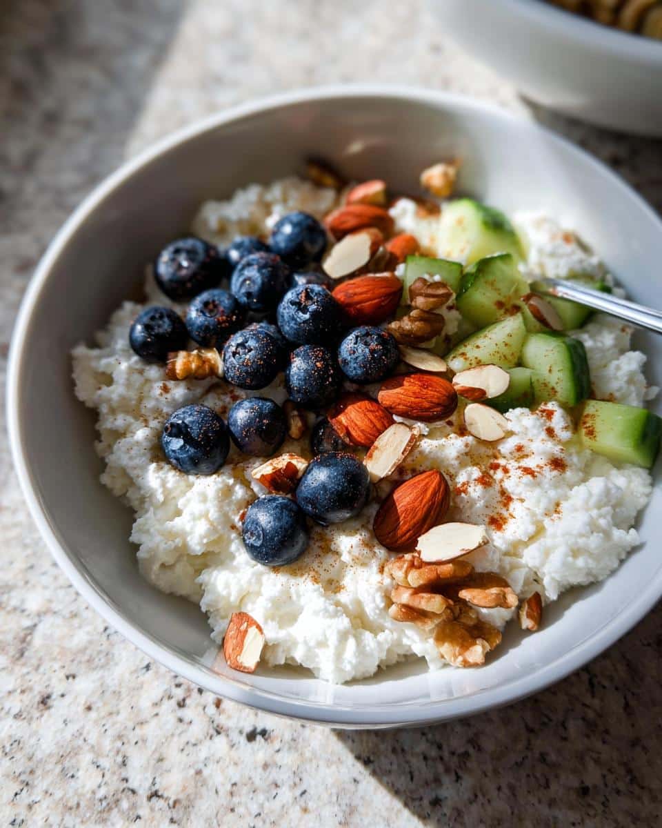 Close-up of a Cottage Cheese Breakfast Bowl topped with fresh blueberries, almonds, walnuts, and cucumber chunks.