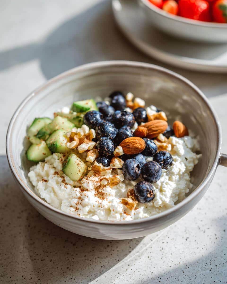 A close-up of a Cottage Cheese Breakfast Bowl topped with blueberries, almonds, walnuts, and diced cucumber, dusted with cinnamon.