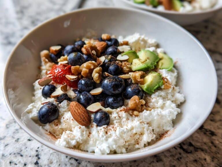 A close-up of a Cottage Cheese Breakfast Bowl topped with blueberries, walnuts, almonds, avocado slices, and a sprinkle of cinnamon.