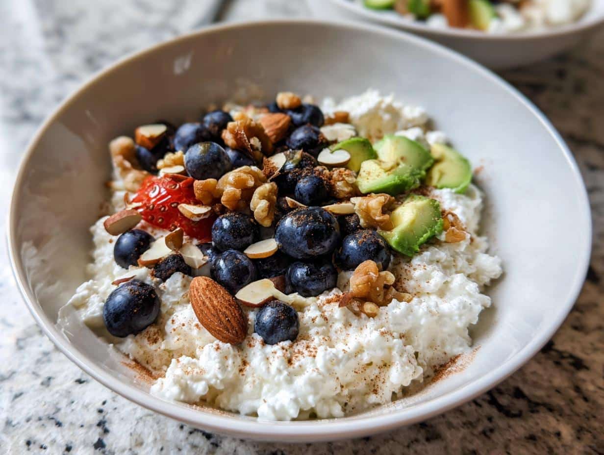 A close-up of a Cottage Cheese Breakfast Bowl topped with blueberries, walnuts, almonds, avocado slices, and a sprinkle of cinnamon.