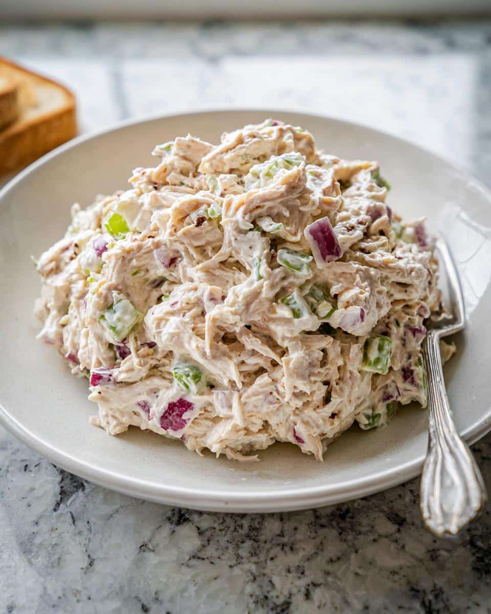 A generous scoop of creamy Cottage Cheese Chicken Salad mixed with diced red onion and celery on a white plate.