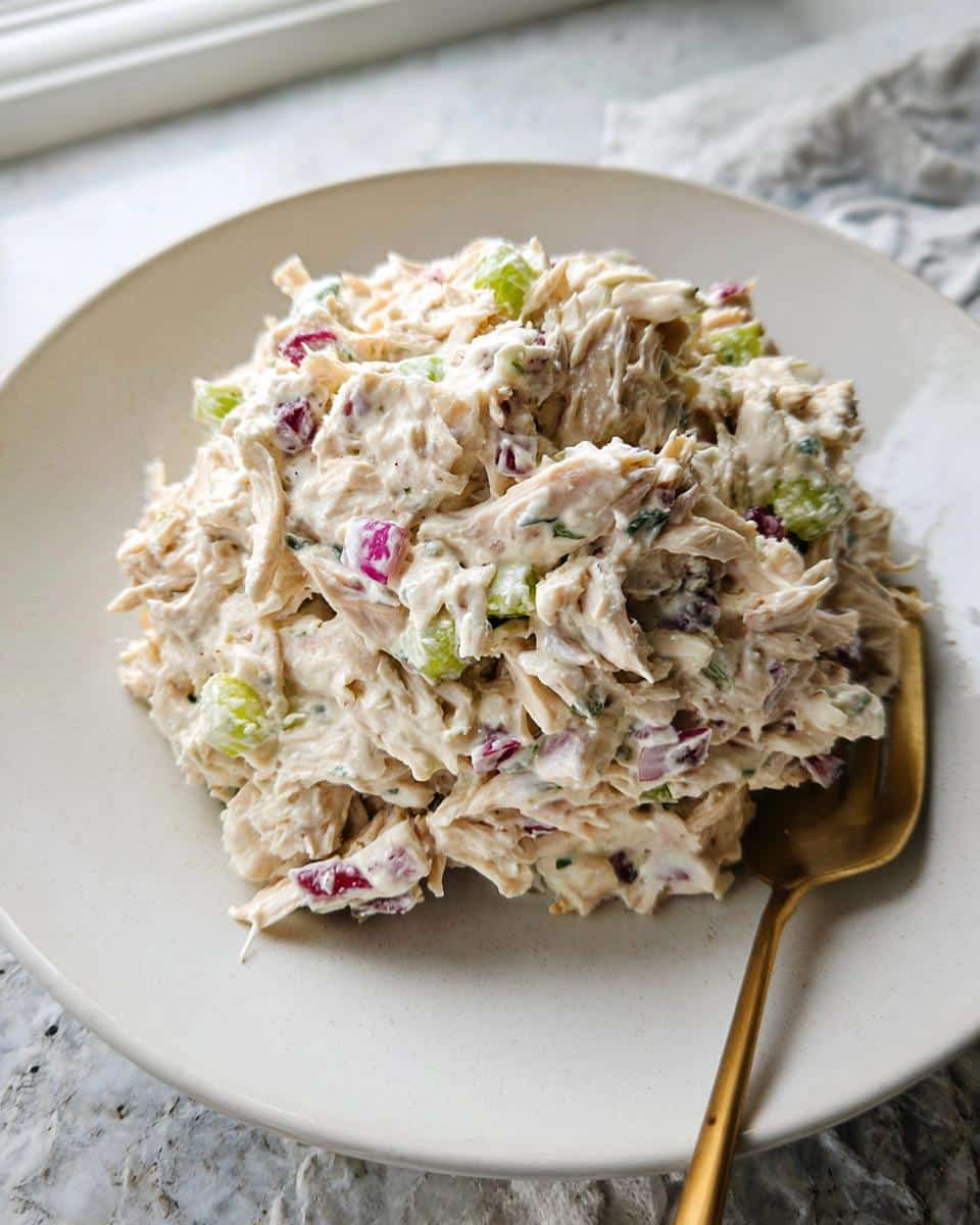 A mound of creamy Cottage Cheese Chicken Salad mixed with celery and red onion served on a light plate with a gold spoon.