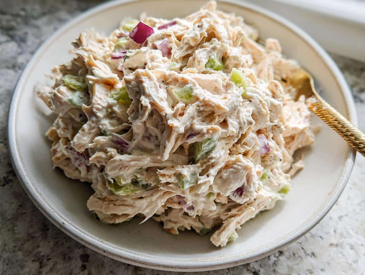 A close-up of creamy Cottage Cheese Chicken Salad piled high on a white plate with visible chunks of shredded chicken, celery, and red onion.