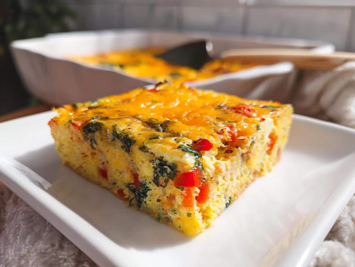 A square slice of Cottage Cheese Egg Bake topped with melted cheddar cheese, served on a white plate.