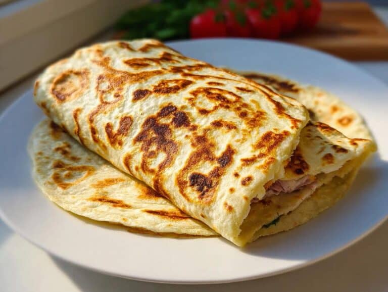 A golden brown, pan-fried Cottage Cheese Flatbread Wrap folded over a filling, served on a white plate.