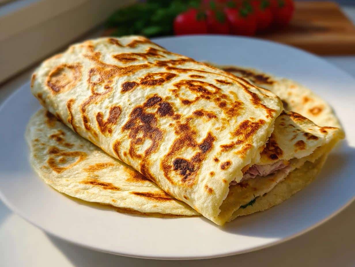 A golden brown, pan-fried Cottage Cheese Flatbread Wrap folded over a filling, served on a white plate.