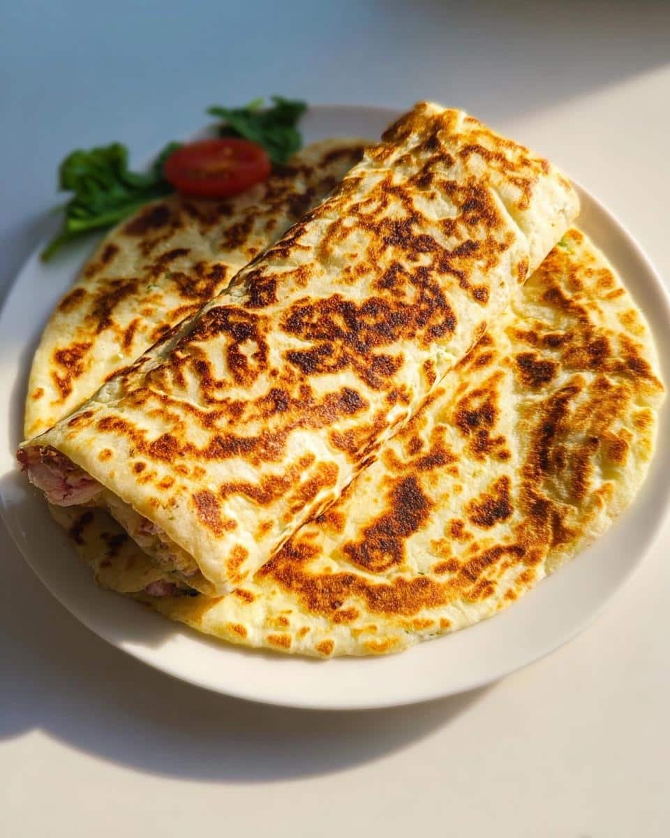 Two golden brown Cottage Cheese Flatbread Wraps, one rolled and filled, served on a white plate with a tomato slice.