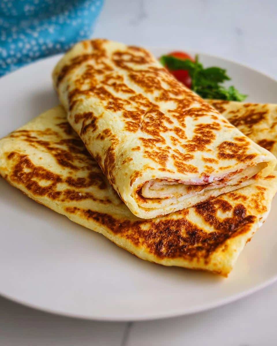 Two golden-brown Cottage Cheese Flatbread Wrap halves, one rolled and cut, served on a white plate.