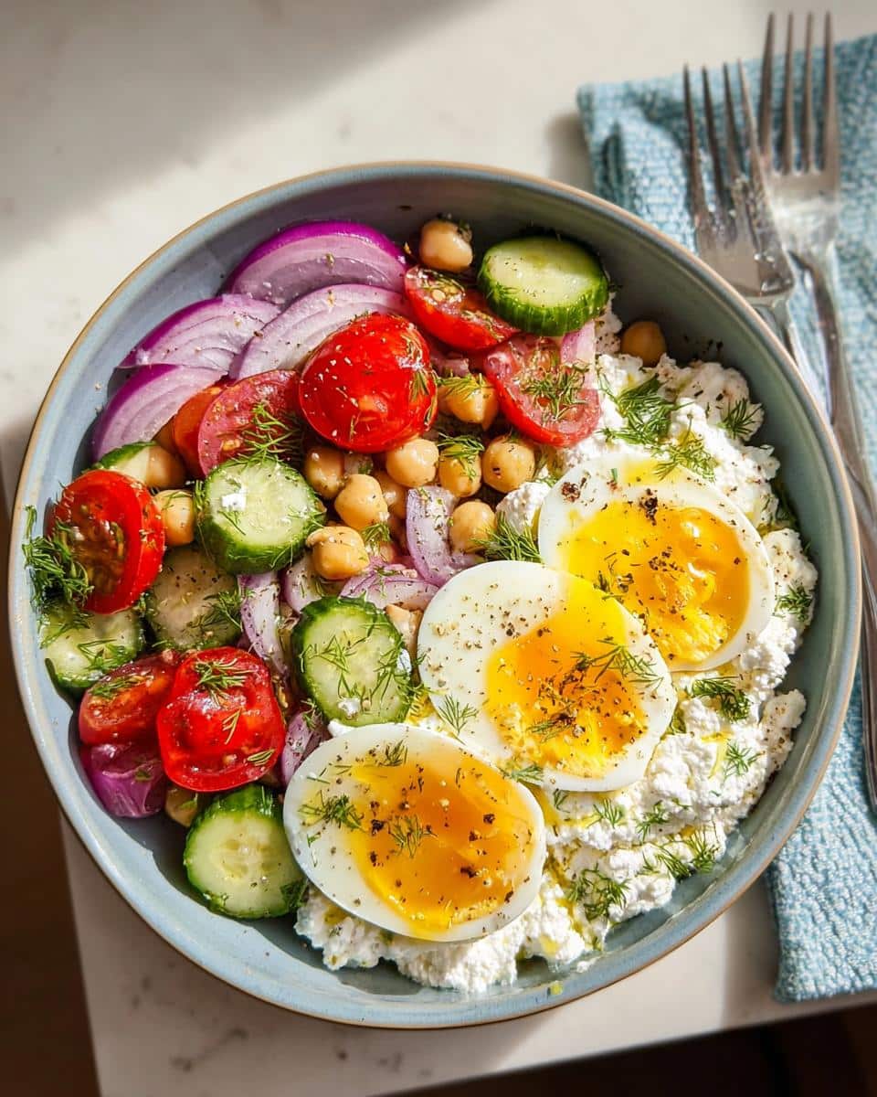 Overhead view of a Cottage Cheese Protein Bowl topped with soft-boiled eggs, tomatoes, cucumbers, chickpeas, and red onion.