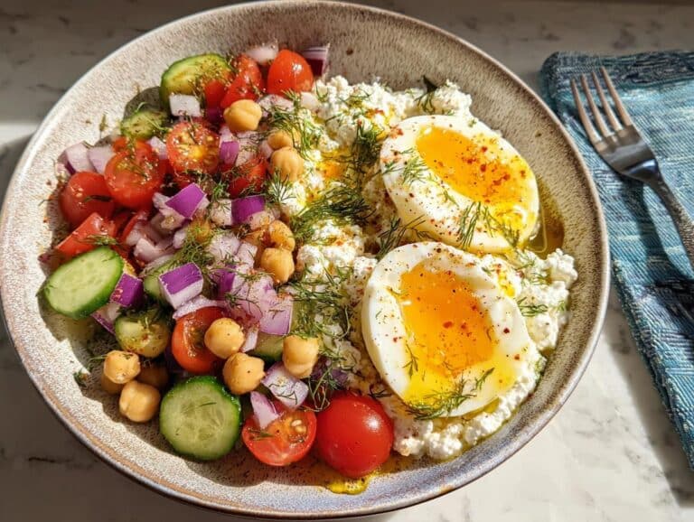 A vibrant Cottage Cheese Protein Bowl topped with soft-boiled eggs, cherry tomatoes, cucumber, red onion, and chickpeas.