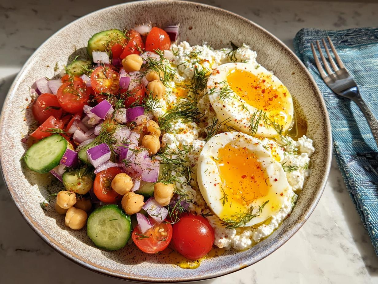 A vibrant Cottage Cheese Protein Bowl topped with soft-boiled eggs, cherry tomatoes, cucumber, red onion, and chickpeas.