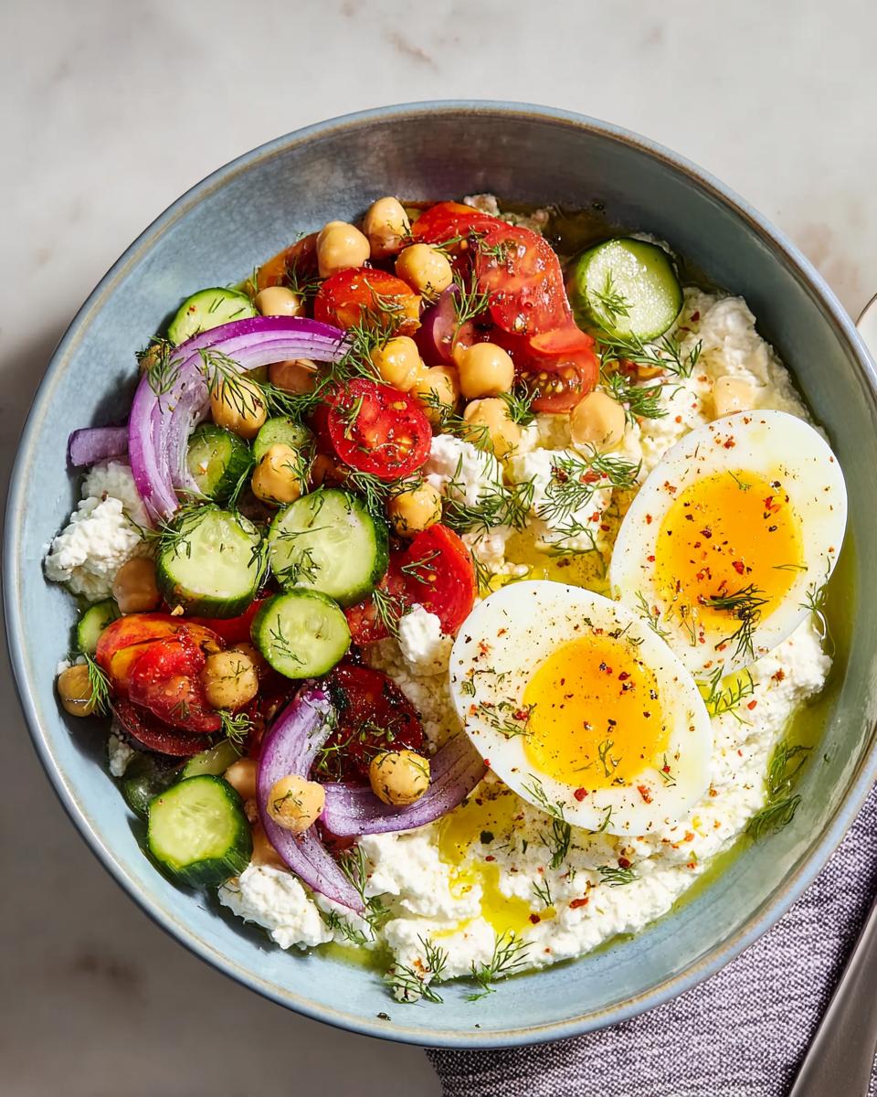 Overhead view of a Cottage Cheese Protein Bowl topped with soft-boiled eggs, tomatoes, cucumbers, chickpeas, and red onion.