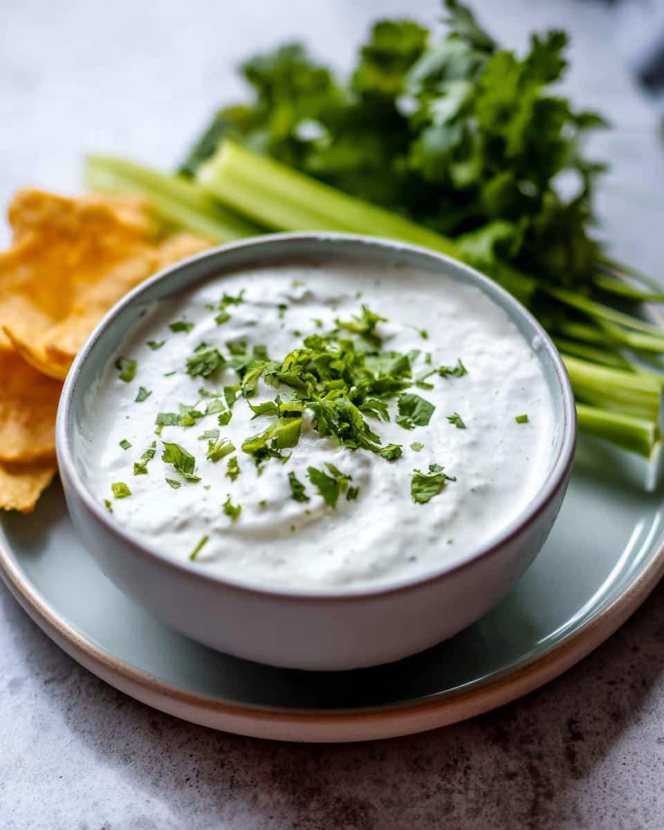 A bowl of creamy Cottage Cheese Protein Dip topped with chopped parsley, served with celery sticks and tortilla chips.