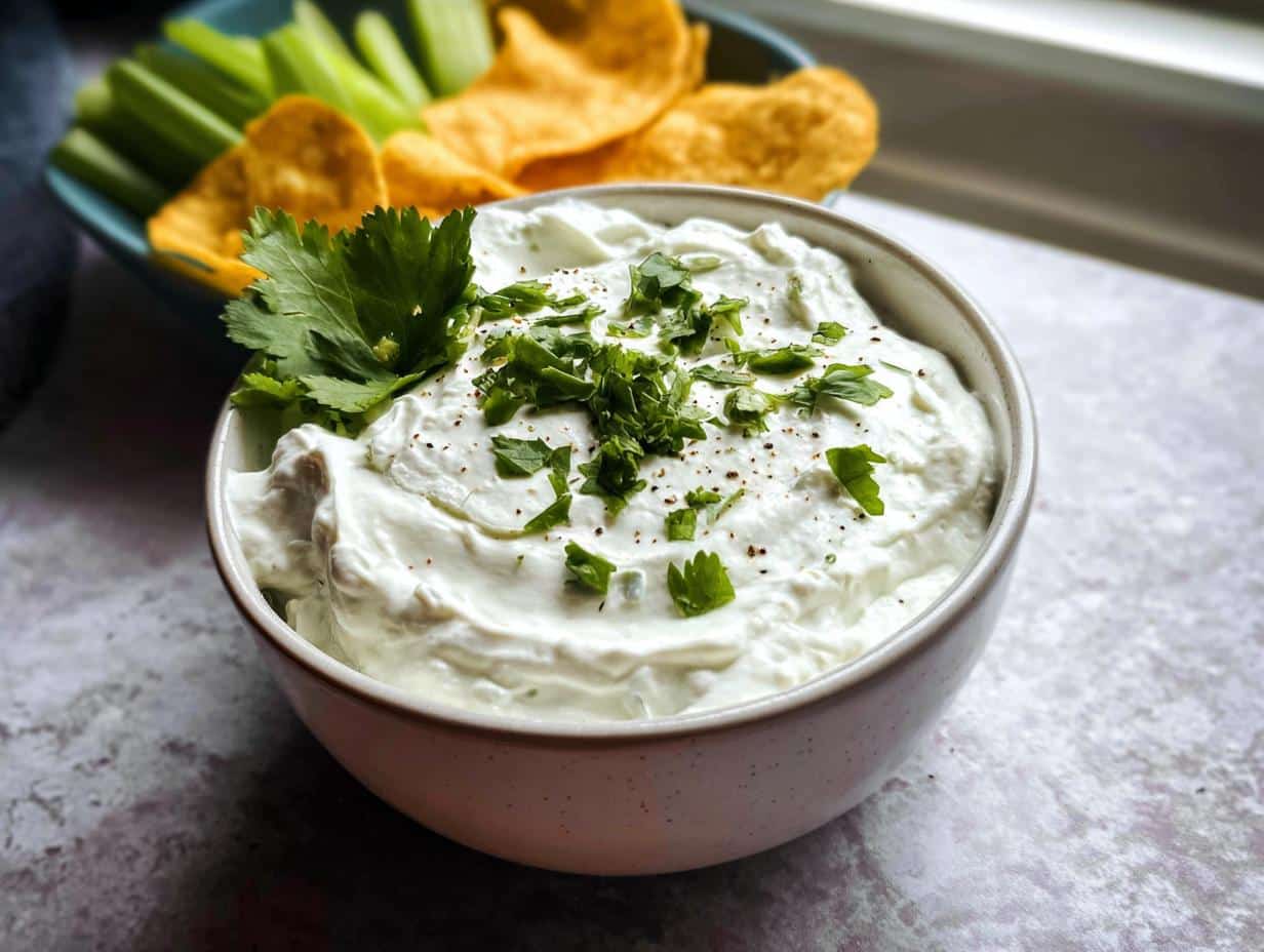 A close-up of a bowl filled with creamy Cottage Cheese Protein Dip, topped with fresh parsley and pepper.
