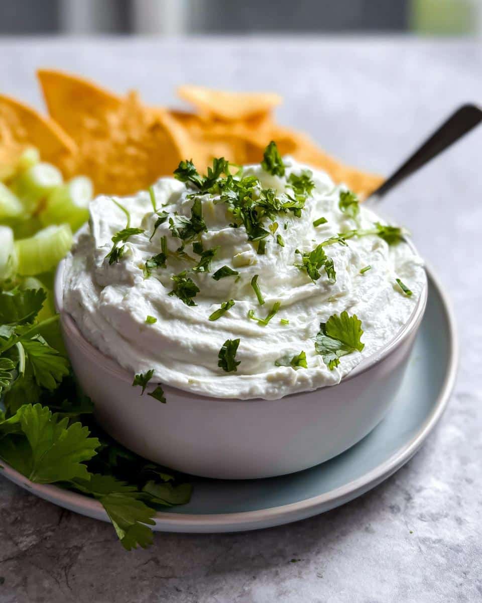 A bowl of thick, white Cottage Cheese Protein Dip garnished with fresh chopped parsley, served with chips and celery.